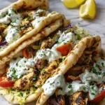 Sheet Pan Chicken Pitas with Herby Ranch sauce, lettuce, cherry tomatoes and fresh herbs on marble surface