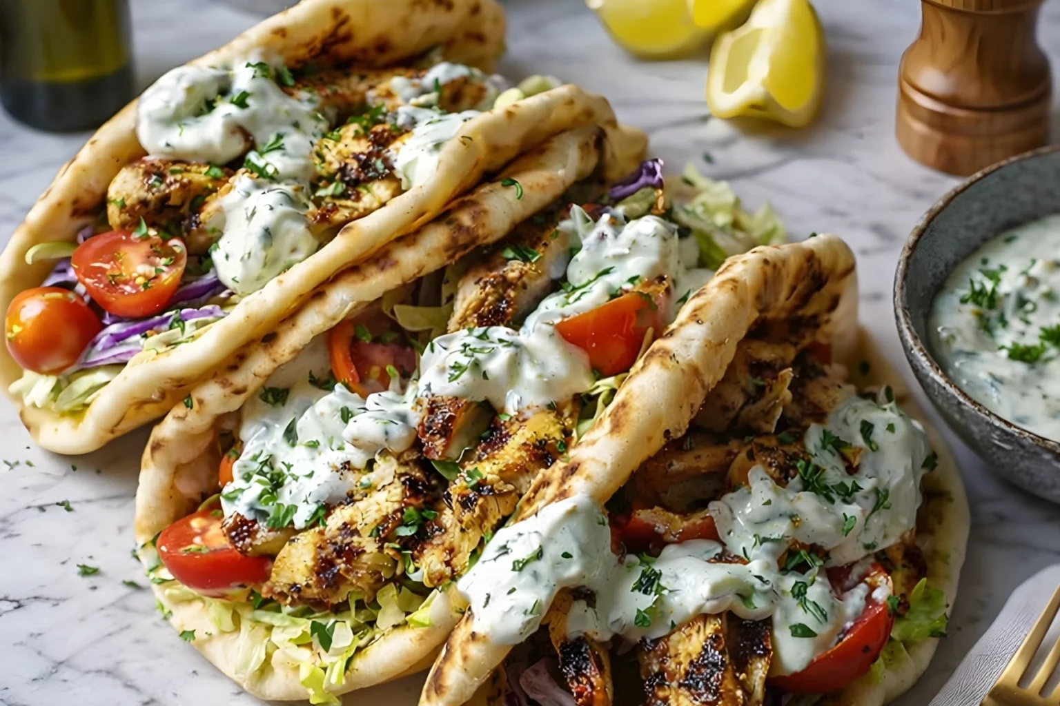 Sheet Pan Chicken Pitas with Herby Ranch sauce, lettuce, cherry tomatoes and fresh herbs on marble surface