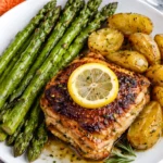 Lemon herb chicken thighs with roasted baby potatoes and asparagus on a white plate