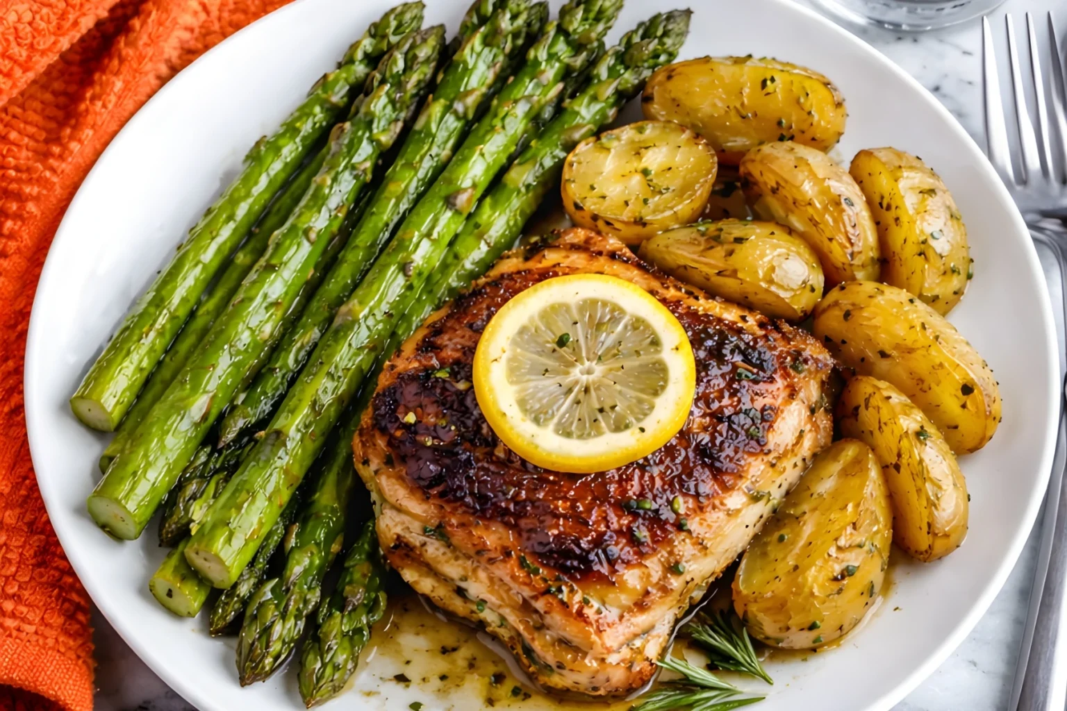 Lemon herb chicken thighs with roasted baby potatoes and asparagus on a white plate