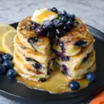 Stack of lemon blueberry sourdough pancakes with syrup and butter