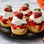 Strawberry shortcake cups with fresh berries and whipped cream on black plate