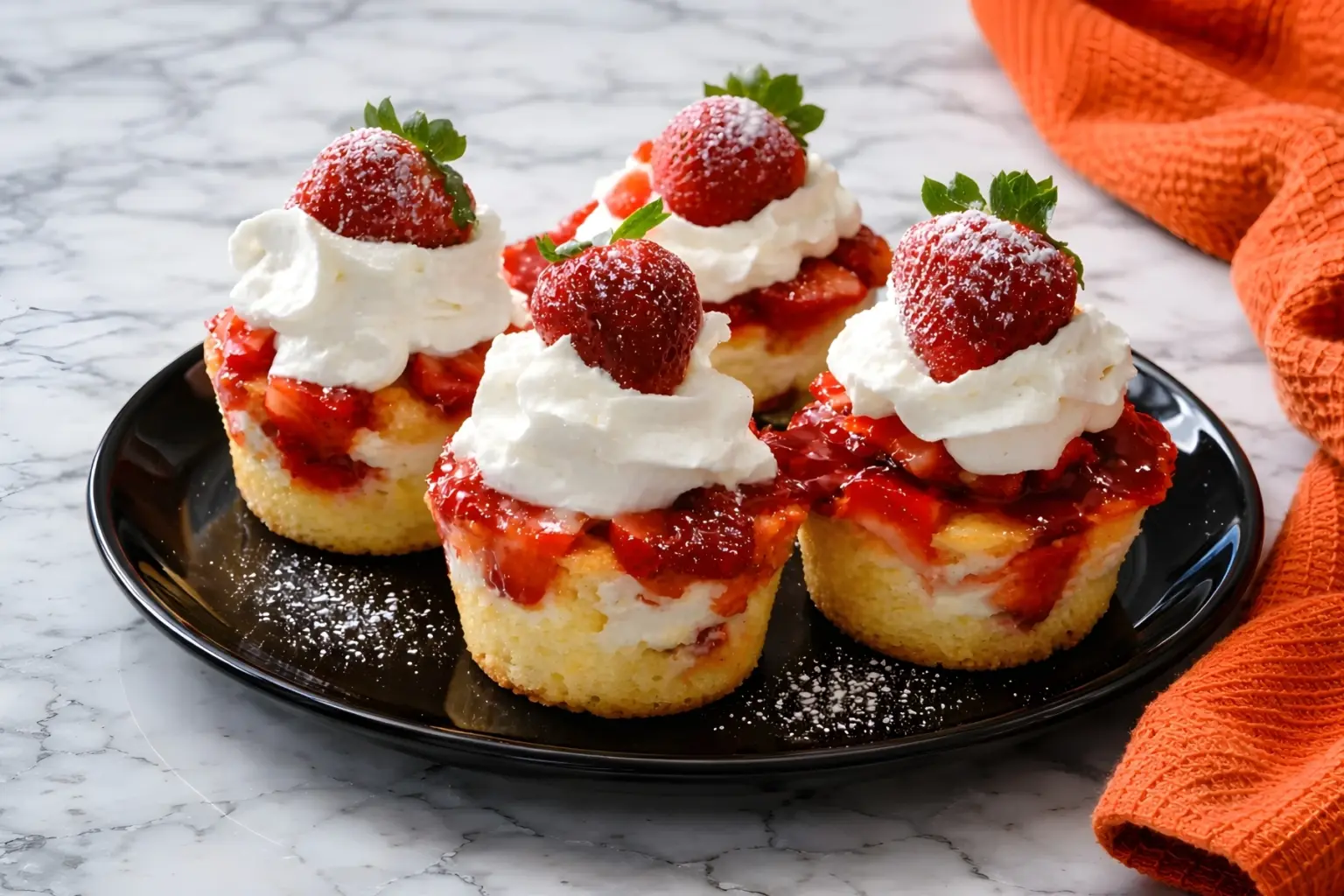 Strawberry shortcake cups with fresh berries and whipped cream on black plate