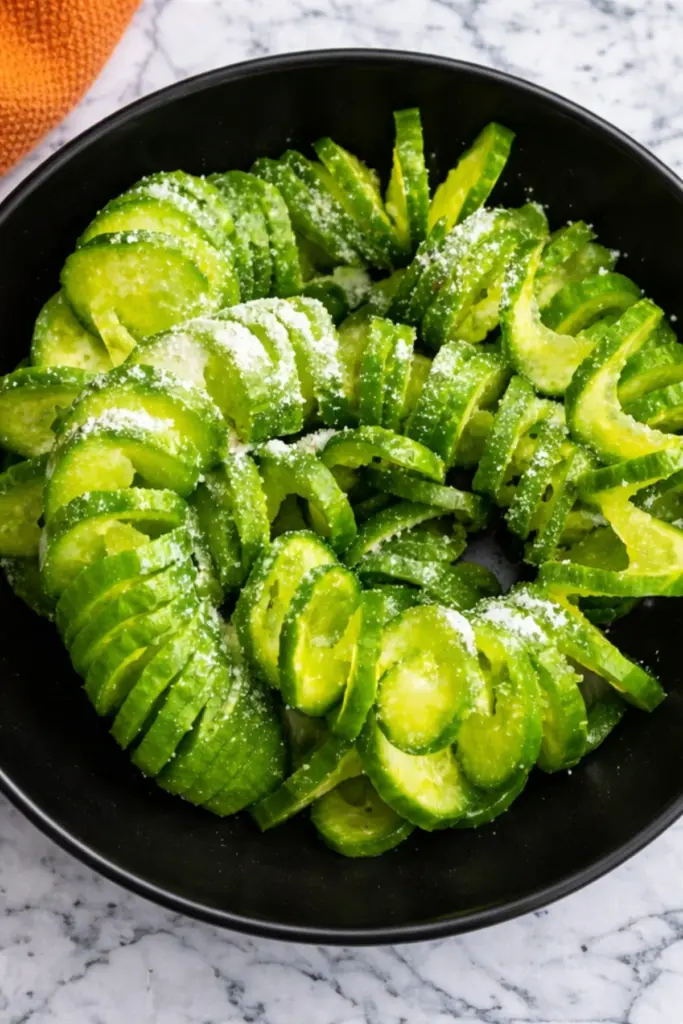 salted cucumber slices for Korean cucumber salad in black bowl