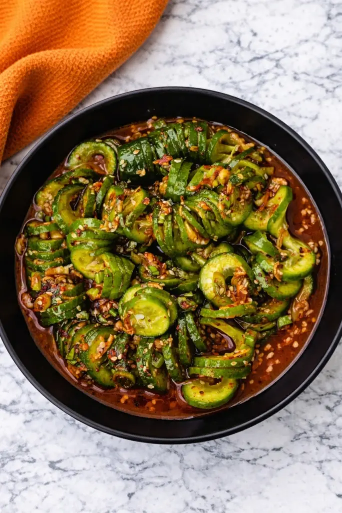 Korean cucumber salad in black bowl with spicy garlic sesame sauce