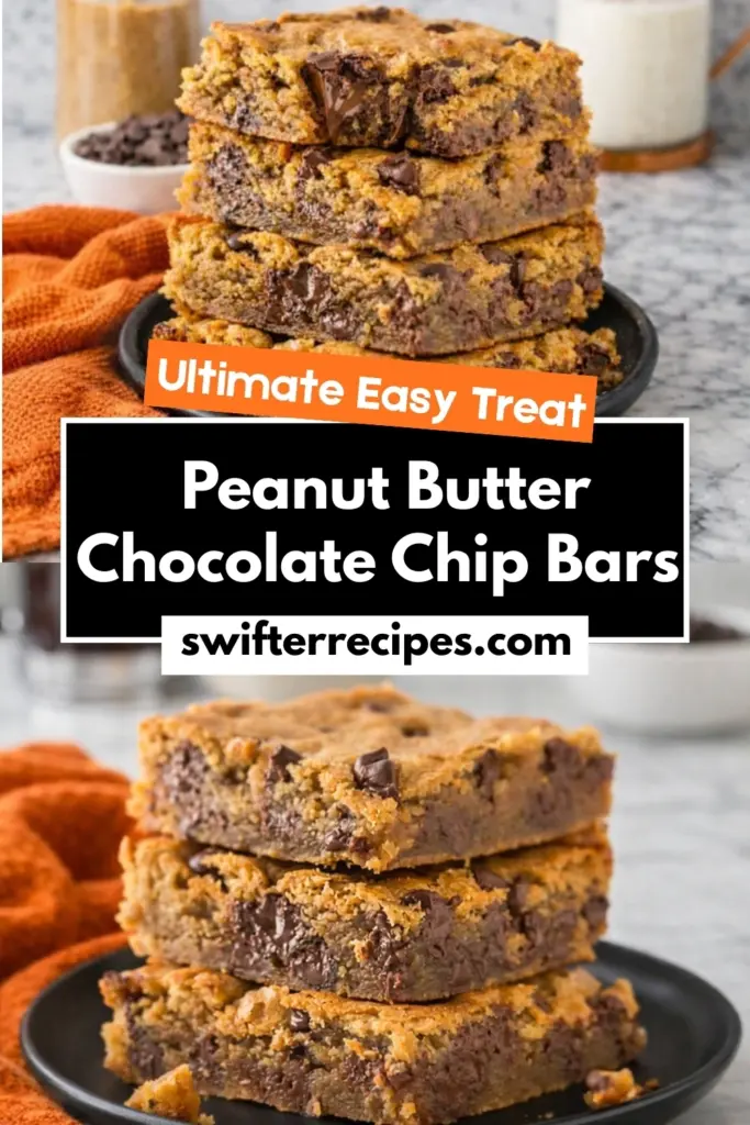 Peanut Butter Chocolate Chip Bars stacked on a plate with melted chocolate chips and soft chewy texture easy homemade dessert