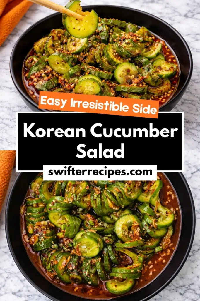 Korean cucumber salad spicy garlic sesame sauce in black bowl with chopsticks