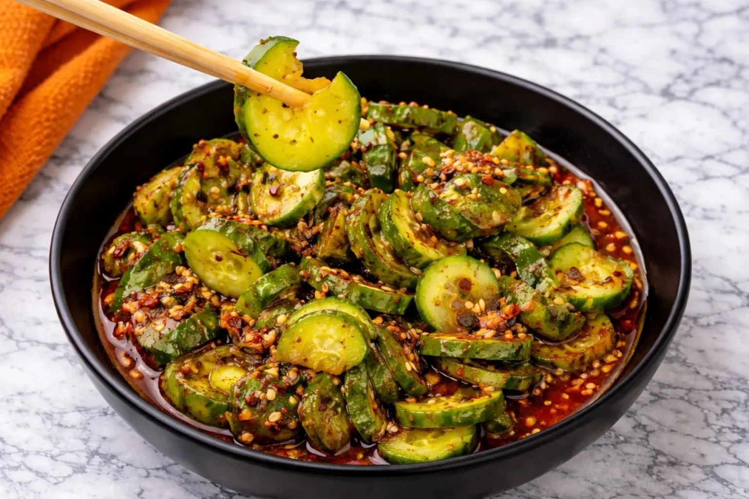 Korean cucumber salad with spicy sauce in black bowl on marble countertop