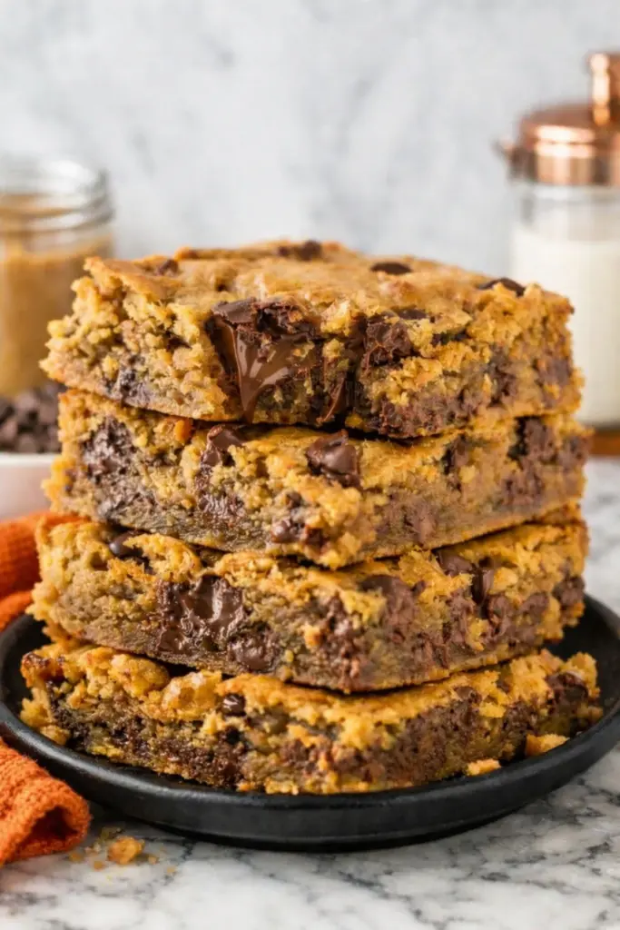 Stacked Peanut Butter Chocolate Chip Bars with melted chocolate chunks showing soft chewy texture on a plate