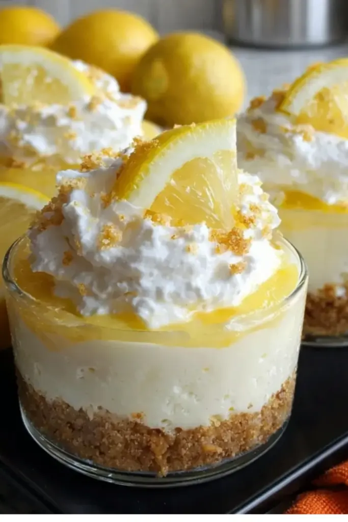 No-Bake Lemon Cheesecake Cups with Lemon Curd and Whipped Cream