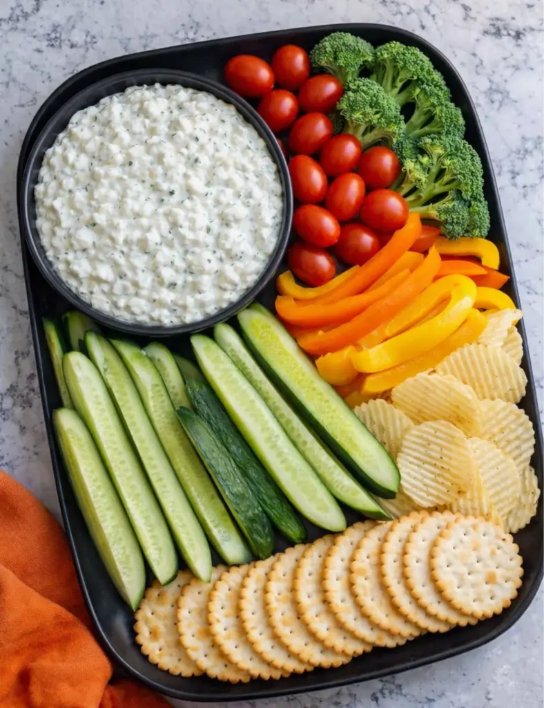 Cottage cheese ranch dip in a black bowl with cucumbers, cherry tomatoes, broccoli, bell peppers, chips and crackers on a marble countertop