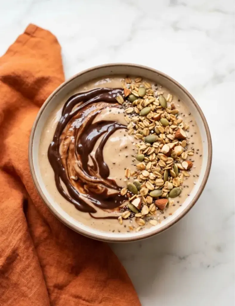 Chocolate peanut butter cottage cheese breakfast bowl with chocolate swirl and granola topping on marble countertop with orange towel