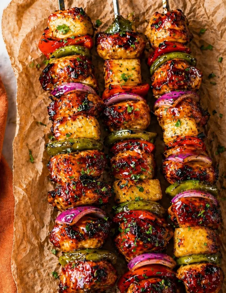 Grilled BBQ Chicken Kabobs with pineapple, bell peppers, red onion, and sticky BBQ glaze