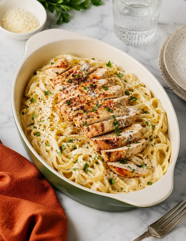 Chicken Alfredo Recipe with creamy fettuccine, sliced grilled chicken, parmesan, and parsley in an oval ceramic dish.