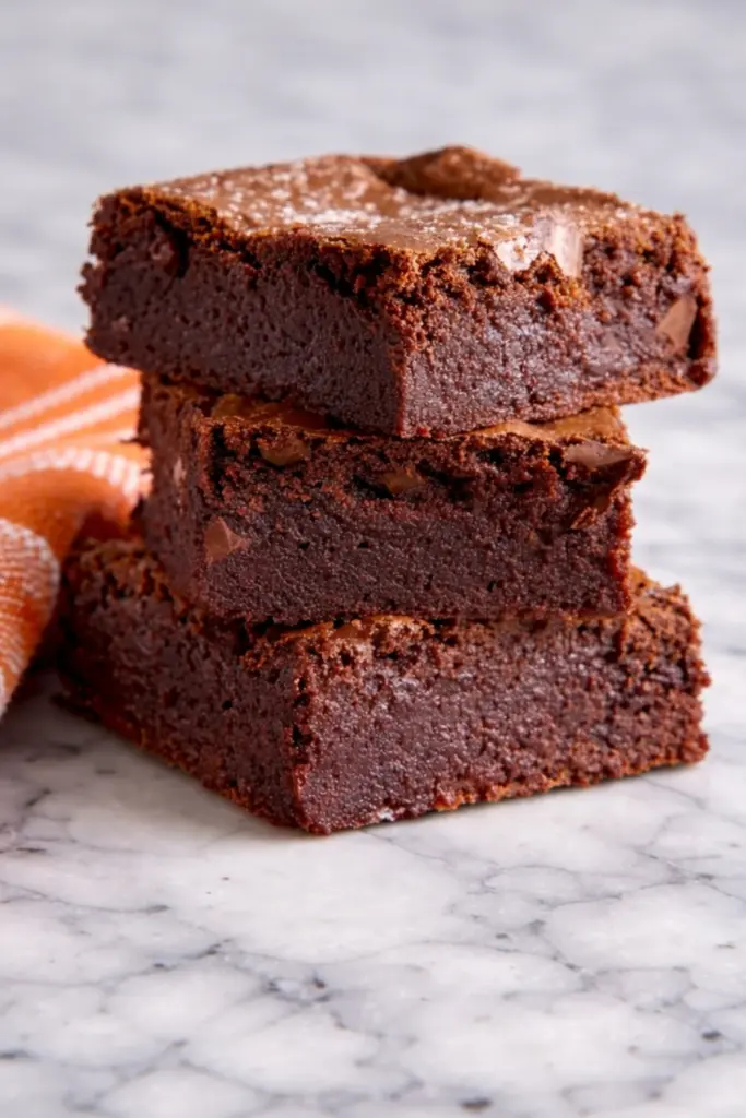 Stacked malted milk chocolate brownies on marble countertop with orange kitchen towel