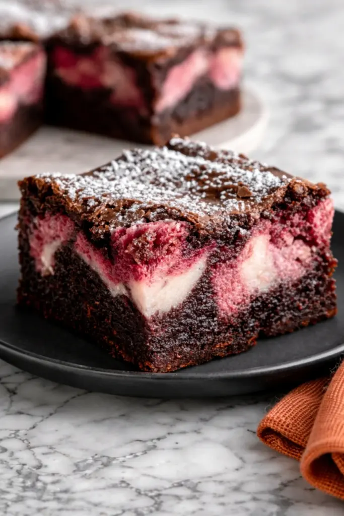 Stacked fudgy strawberry swirl brownies with creamy cheesecake layers and rich chocolate texture, lightly dusted with powdered sugar. Placed on a black plate over a marble countertop with a soft orange kitchen towel nearby, this easy homemade dessert looks moist, dense, and perfect for a simple family baking treat or sweet snack.