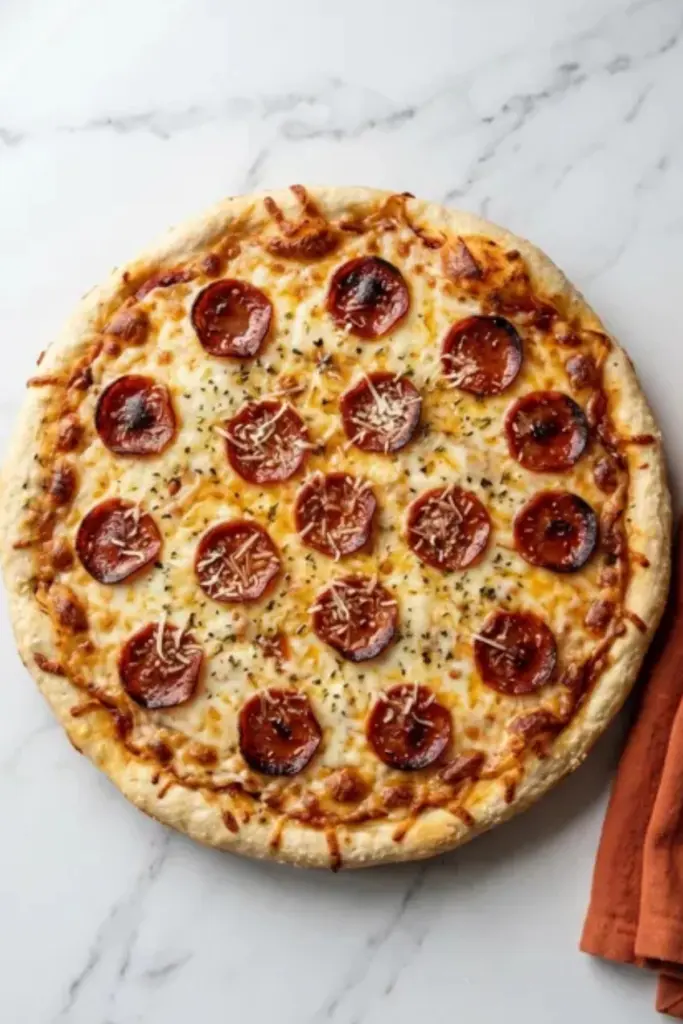 Cottage cheese pizza crust with melted mozzarella and crispy pepperoni slices on a marble countertop with orange kitchen towel