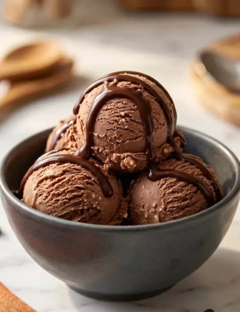 cottage cheese chocolate ice cream scoops with chocolate drizzle in a dark bowl on marble countertop with soft kitchen background