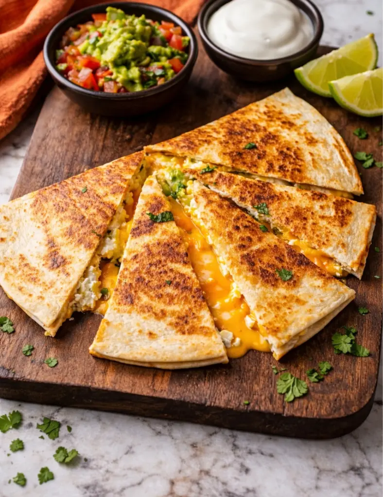 Cottage cheese quesadilla cut into crispy golden triangles with melted cheese, served on a wooden board with guacamole, sour cream, lime wedges, and fresh cilantro on a marble countertop