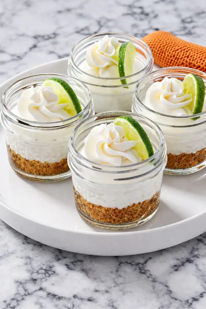 no-bake key lime pie jars with creamy cheesecake filling, graham cracker crust, whipped cream topping, and lime wedges on a marble tray