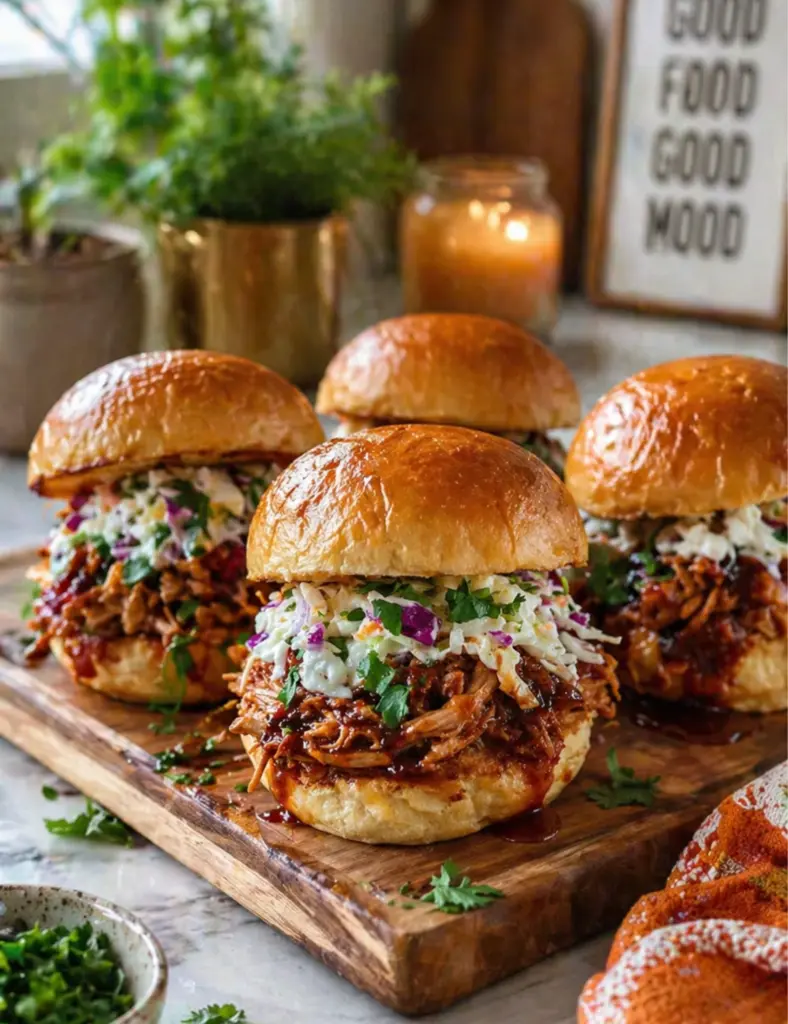 BBQ Chicken Sliders with Creamy Slaw on Wooden Board