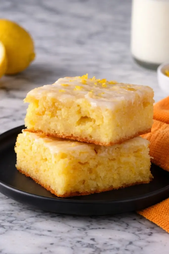 Soft lemon brownies with glaze on black plate