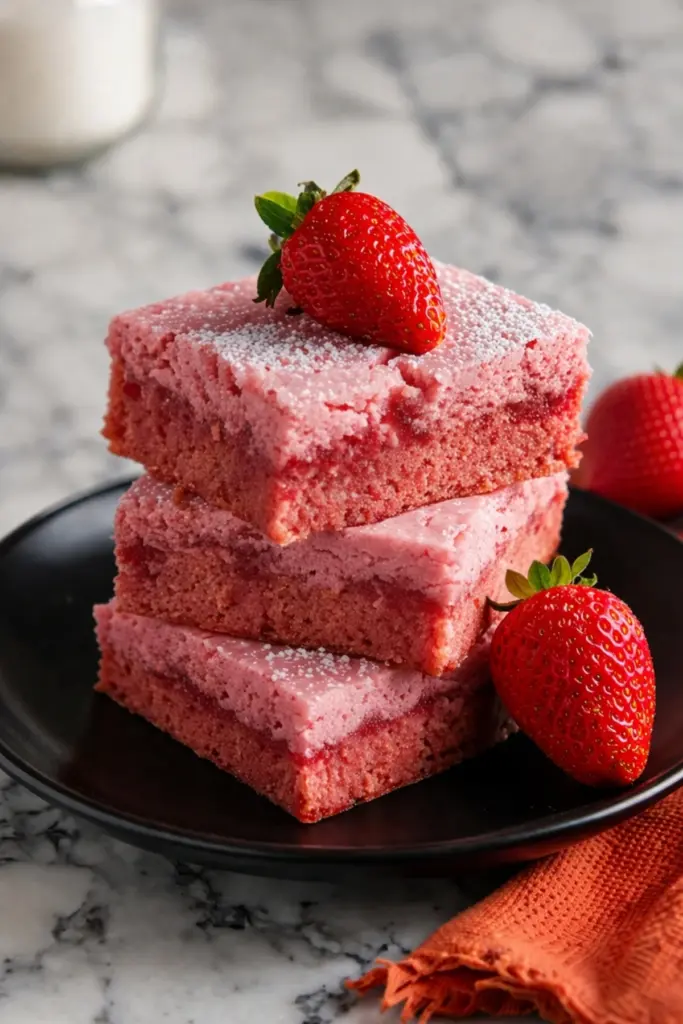 Pink strawberry brownies stacked with fresh strawberries on black plate