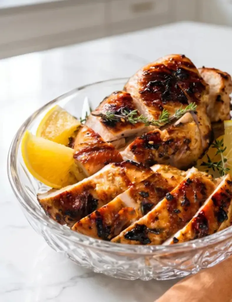 Close-up of juicy grilled chicken slices with golden char marks, lemon wedges, and fresh thyme served in a clear crystal bowl on a white marble countertop.
