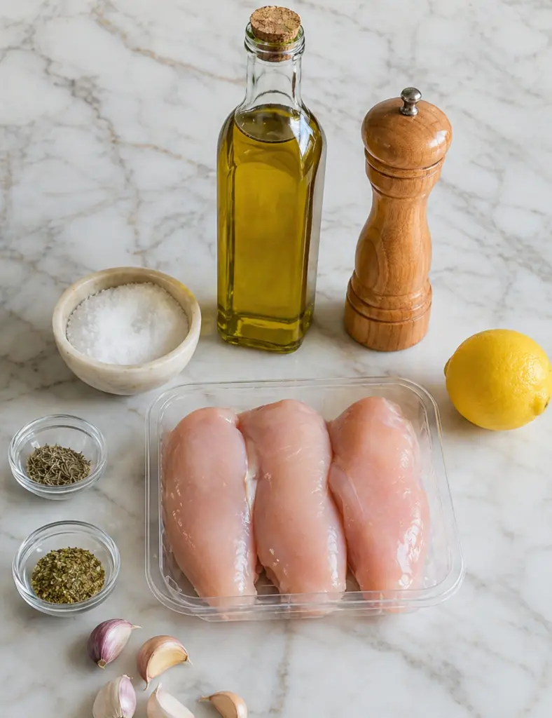 Raw chicken breasts with olive oil, lemon, garlic, salt, pepper, and dried herbs arranged on a white marble countertop for grilled chicken recipes.