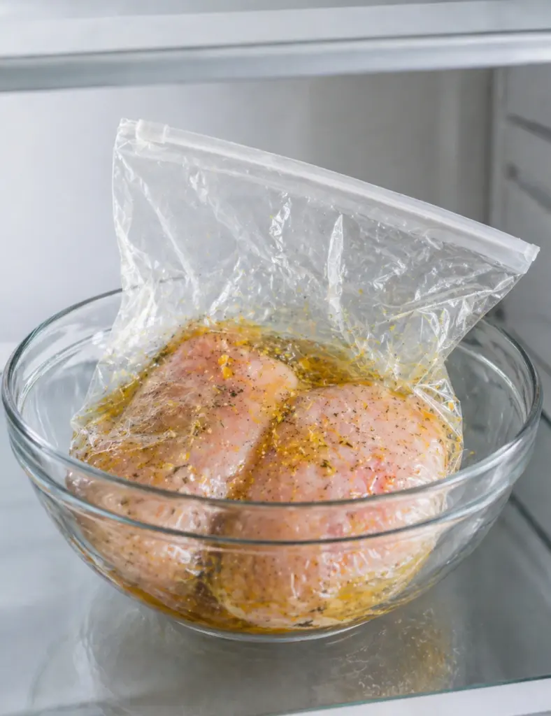 Raw chicken breasts marinating in a sealed clear bag with lemon herb marinade, placed in a glass bowl on a refrigerator shelf.
