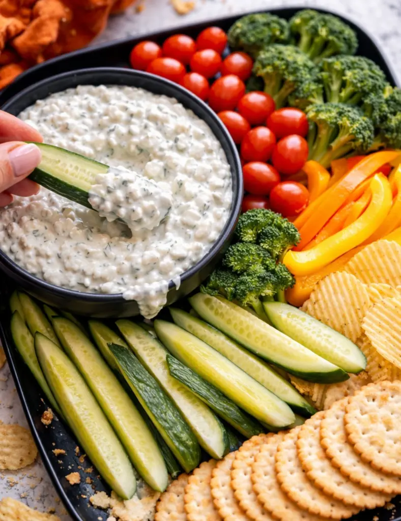 Hand dipping cucumber into cottage cheese ranch dip with fresh veggies, chips and crackers on a black platter