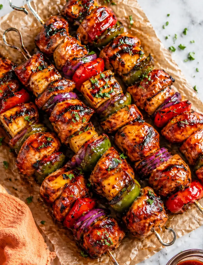 Grilled BBQ Chicken Kabobs with pineapple, bell peppers, red onion, and glossy BBQ glaze on metal skewers