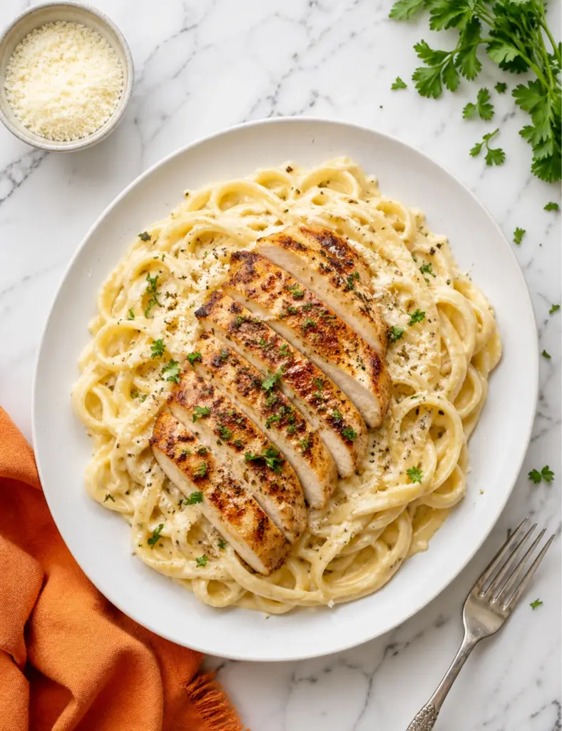 Chicken Alfredo Recipe with creamy fettuccine, sliced grilled chicken, parmesan, and parsley in an oval ceramic dish.
