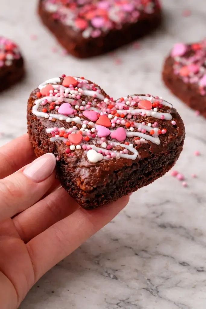 fudgy heart brownie with icing drizzle and pink sprinkles held by hand on marble countertop