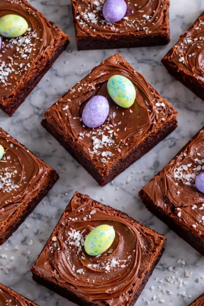 Overhead view of malted milk chocolate brownies with frosting and mini eggs on marble