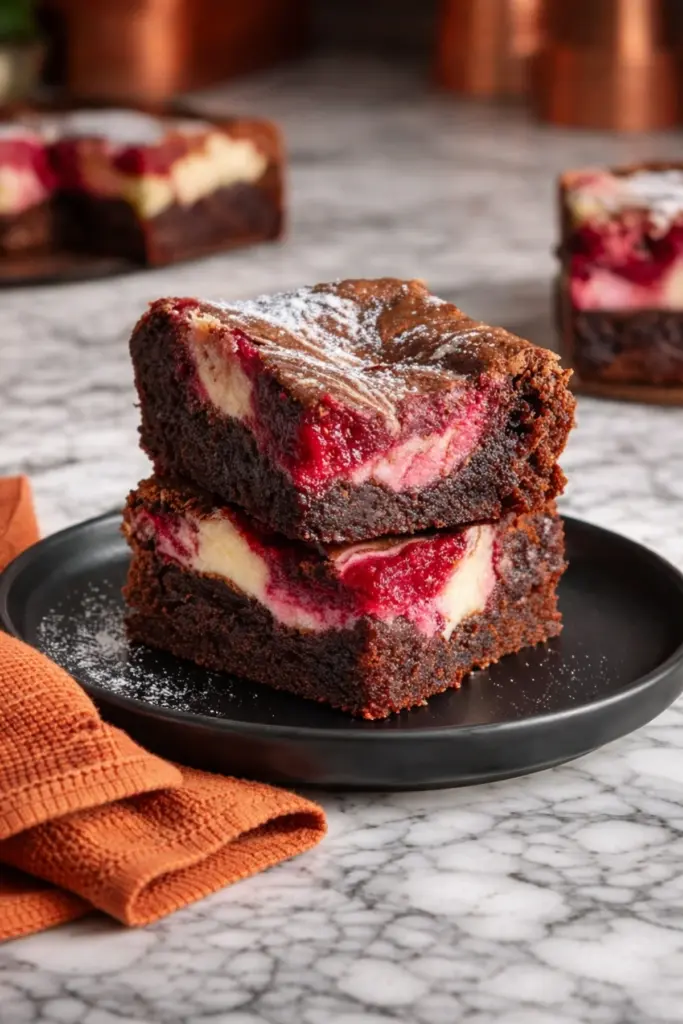 Fudgy Strawberry Swirl Brownies with Cream Cheese Layers on Black Plate