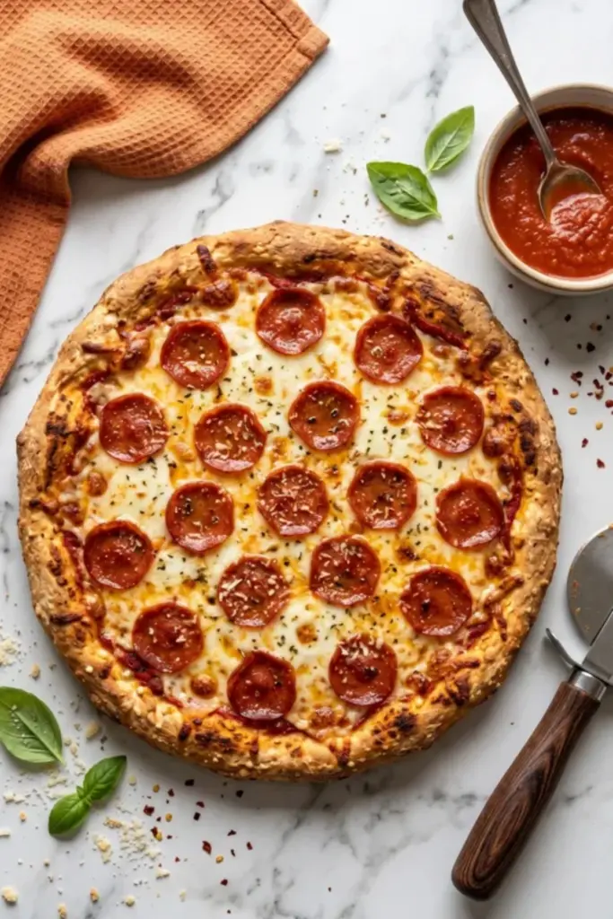 Cottage cheese pizza crust with melted mozzarella and pepperoni slices on a marble countertop with orange kitchen towel and tomato sauce