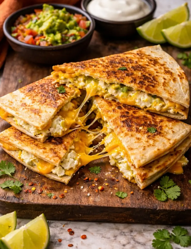 Stacked cottage cheese quesadilla with melted cheese pull, crispy golden tortillas, served on a wooden board with guacamole, sour cream, lime wedges, and cilantro