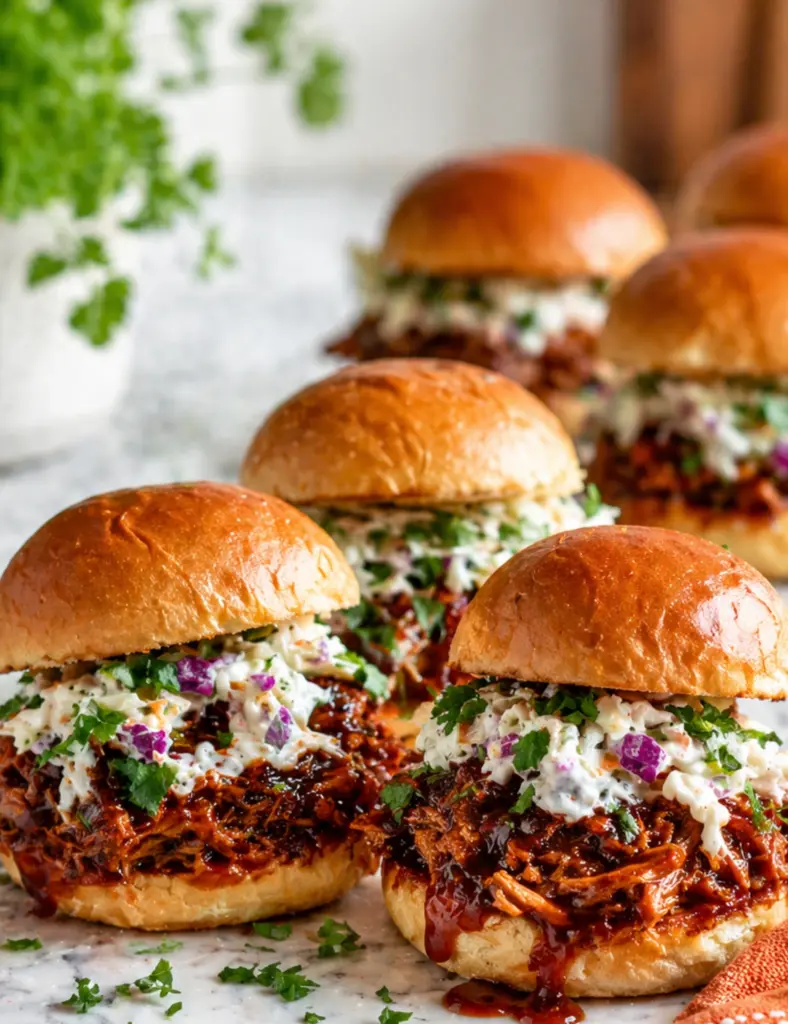 BBQ Chicken Sliders with Creamy Coleslaw and Brioche Buns