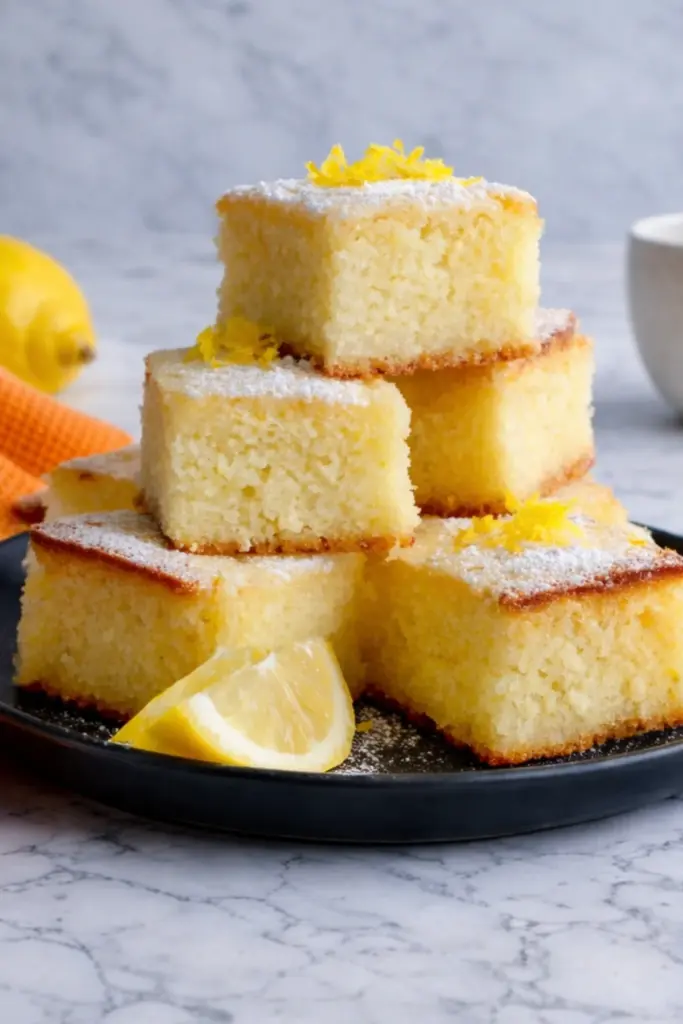 Stacked lemon brownies with powdered sugar and zest