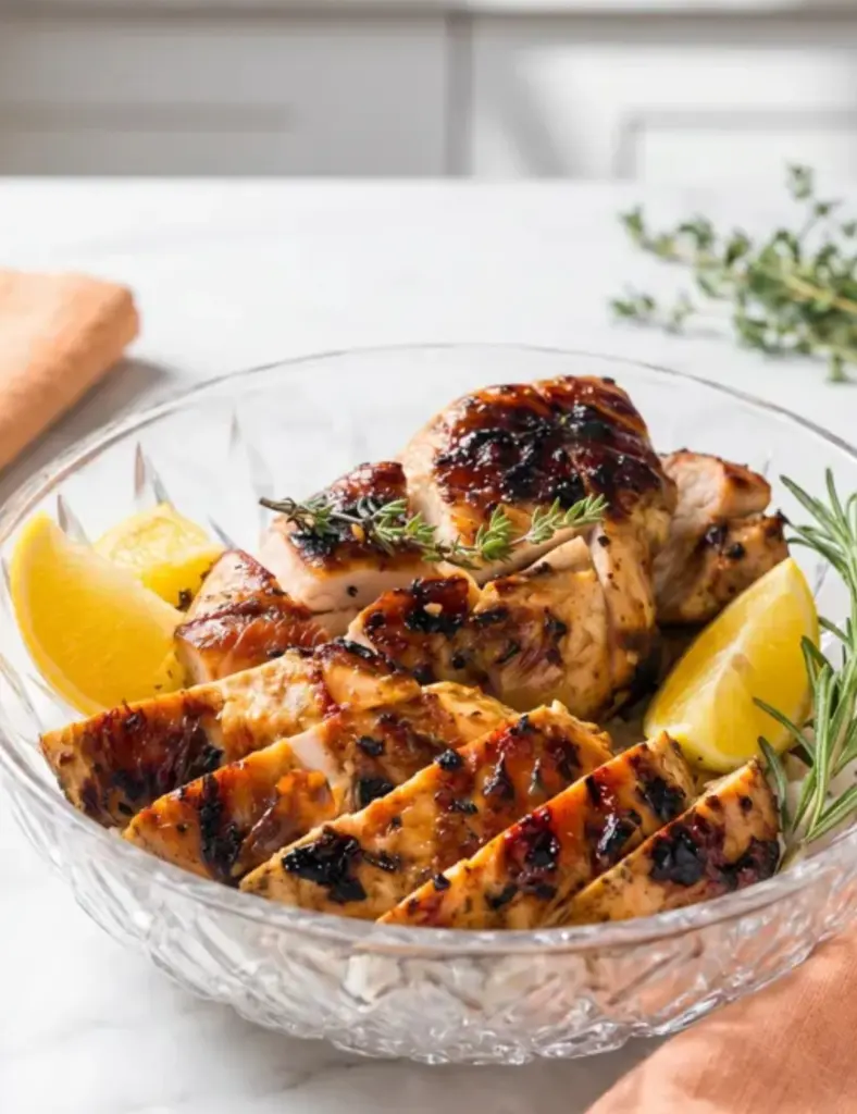 Juicy grilled chicken slices with lemon wedges and fresh herbs served in a clear crystal bowl on a white marble countertop.