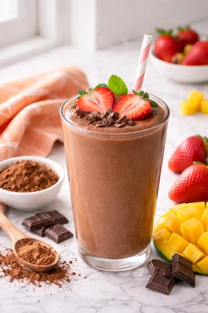 Chocolate Strawberry Mango Smoothie with Cocoa and Fresh Fruit