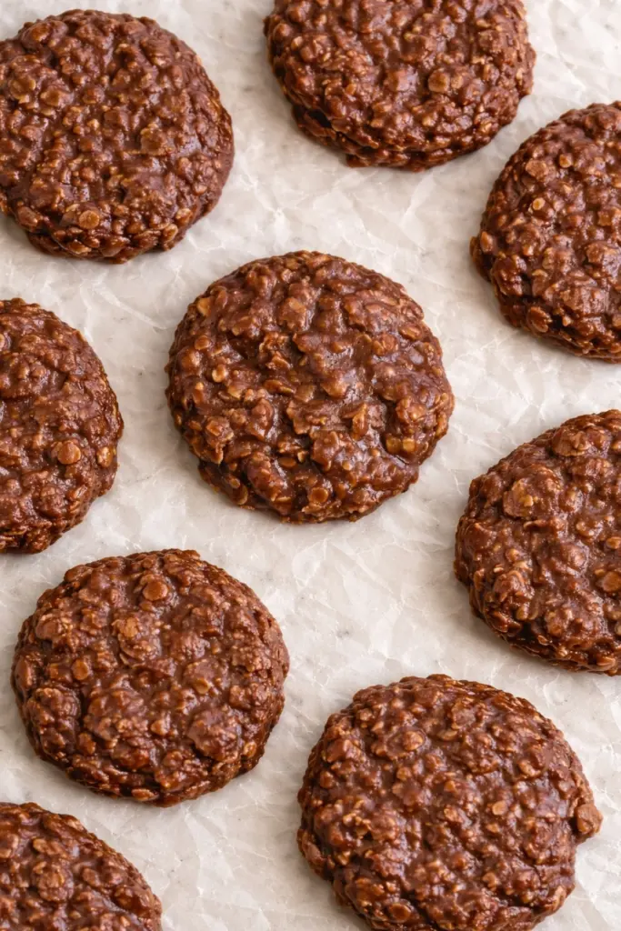 Chocolate no bake cookies with oats arranged on parchment paper overhead view
