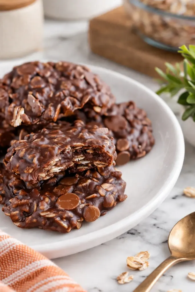 Classic No Bake Cookies with Chocolate and Oats on White Plate Close Up