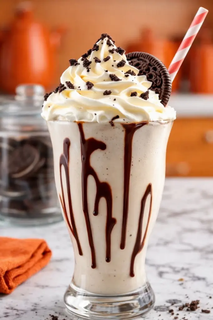 Cookies and Cream Milkshake with whipped cream and chocolate drizzle in tall glass