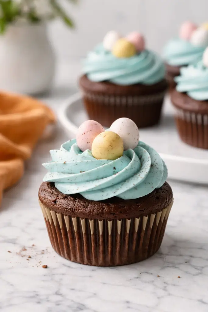 Speckled Egg Easter cupcake with blue buttercream and pastel mini eggs on marble countertop