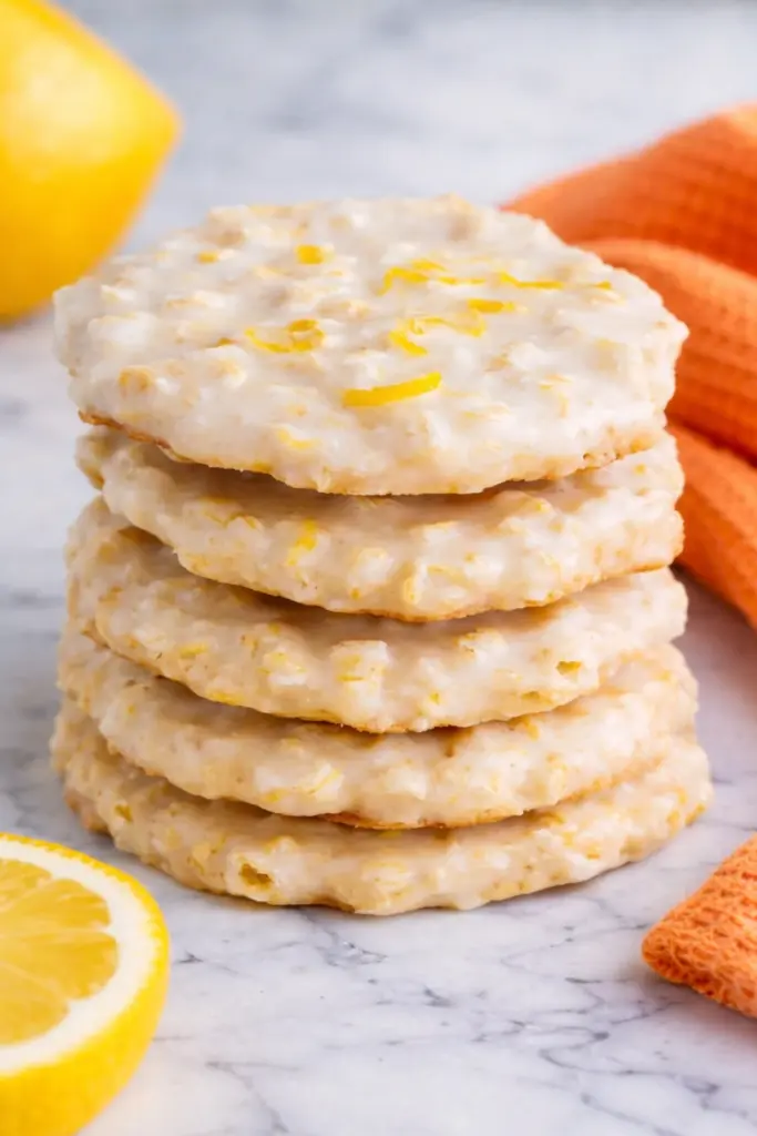 Lemon oatmeal no bake cookies with glaze and lemon zest stacked on marble surface