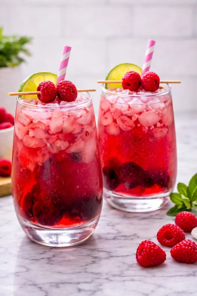 Two red wine spritzers with raspberries lime and ice in clear glasses