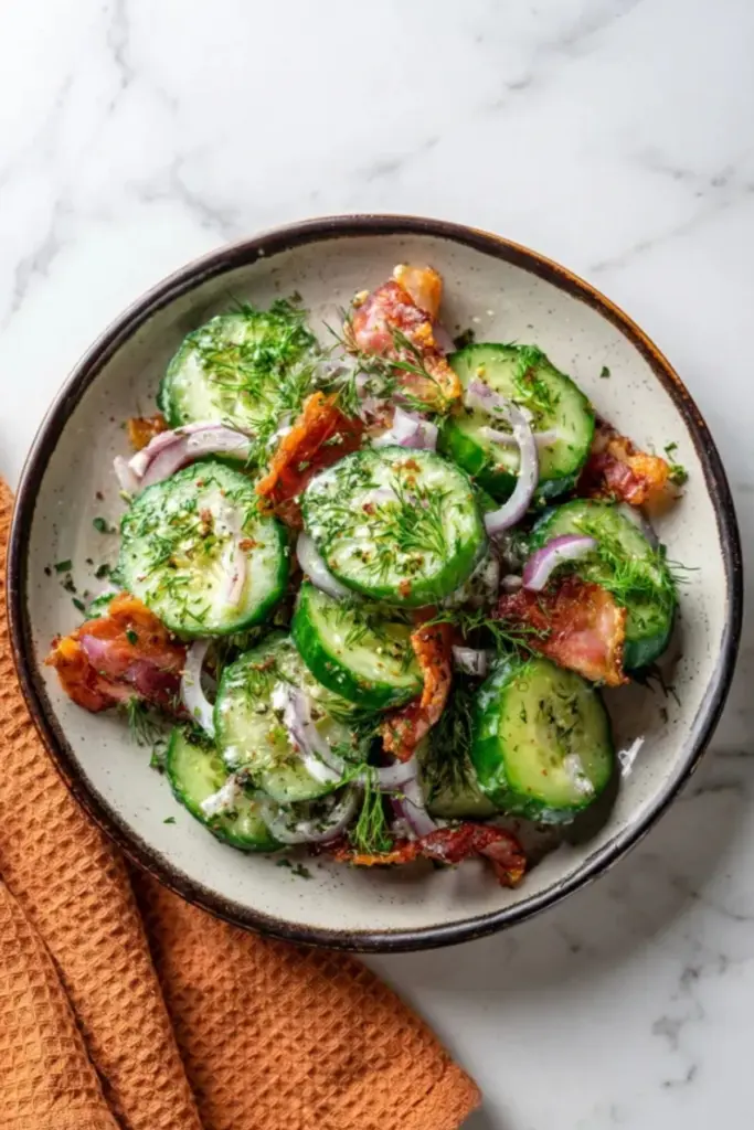 Top view of creamy cucumber salad with crispy bacon, red onion, and fresh dill
