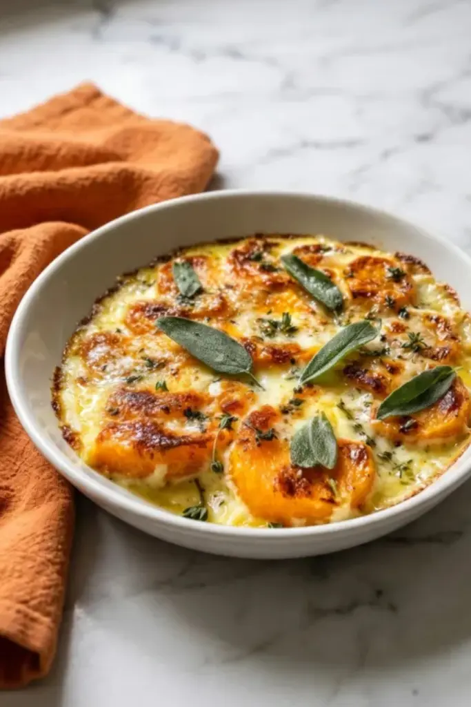 Sage butternut squash gratin with creamy cheese and golden crispy top in white baking dish on marble countertop